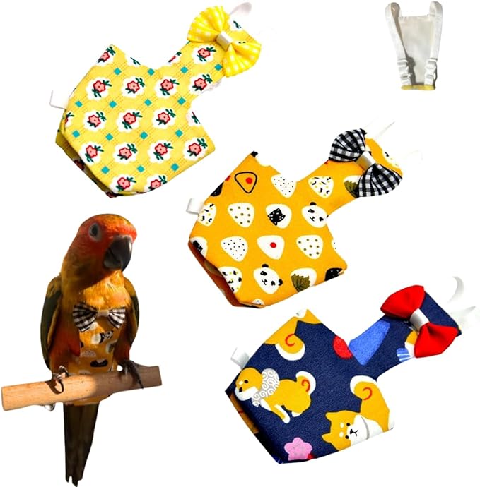 3PCS Bird Diaper with Adjustable Shoulder Strap Washable Parrot Diapers Reusable Bird Flight Suit Nappies Protective Breathable Nappy Clothes for Parakeet Macaw Conure (Pigeon)