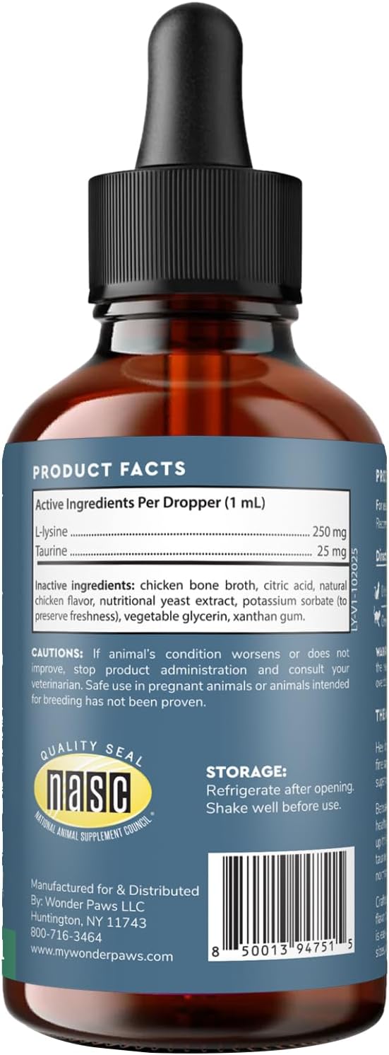 Premium L-Lysine Supplement for Cats – for Immune Support, Sneezing, Runny Nose, Watery Eyes & Nasal Health– 60ML Lysine for Feline Respiratory Support – Cat Lysine Drops with Taurine for Immunity