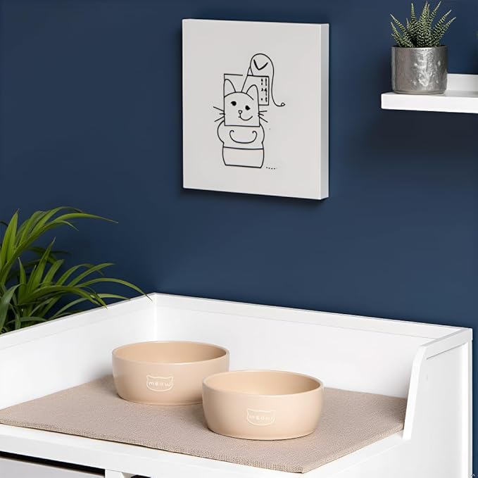 Pearhead Ceramic Cat Bowl – Neutral Taupe “Meow” Design, Holds 1.3 Cups, Stoneware Pet Dish, Whisker-Friendly Pet Feeding Bowl, Non-Skid, Small (Pack of 2)