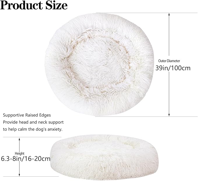 Calming Dog Bed for Big Dogs, 39'' Round Anti-Anxiety Warm Fluffy Plush Faux Fur Bed, Soft Anti-Slip Donut Washable Big Pet Bed, Cozy Big Dogs Bed, Fits up to 100 lbs Pets