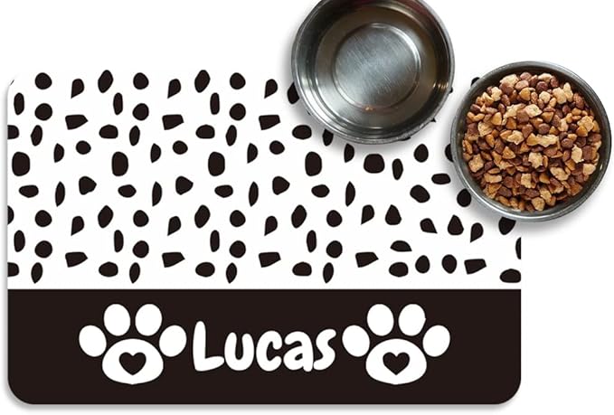 Personalized Dog Cat Food Mat PU Non-Slip at The Bottom Dog Bowl Mat Dog Mat for Food and Water Custom Pet Dog Food Mats for Floors Waterproof (Black paw Prints)