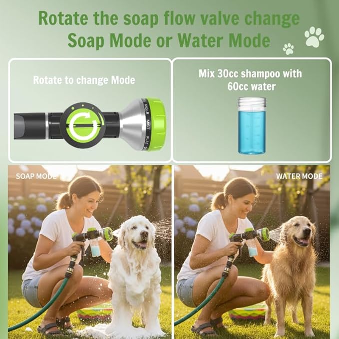 Dog Washing Hose Attachment, 10 Spray Modes and Adjustable Water Pressure Garden Hose Nozzle with Soap Dispenser for Dog Cat Bathing, Also Adopted in Watering Flowers, Pet Wash