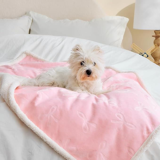 Qeils Pet Blankets for Cats - Waterproof Cat Blanket Washable - Sherpa Fleece Puppy Blanket, Soft Plush Reversible Throw Protector for Bed Couch Car Sofa, 30"X40", Pink Bows