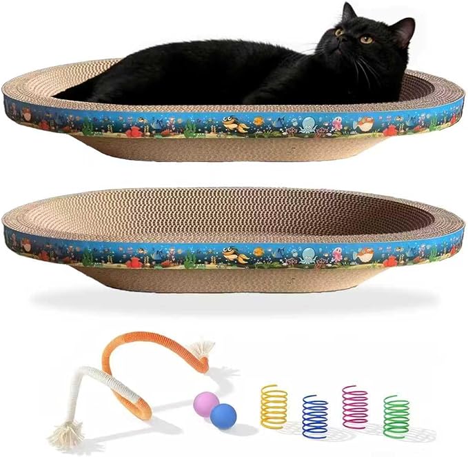 2PCS Large Cat Cardboard Scratcher with Toys, Oval 21.7" x 14.9" Kitty Scratching Board for Indoor Kitten Play Scratch Bed Sofa Furniture Protector