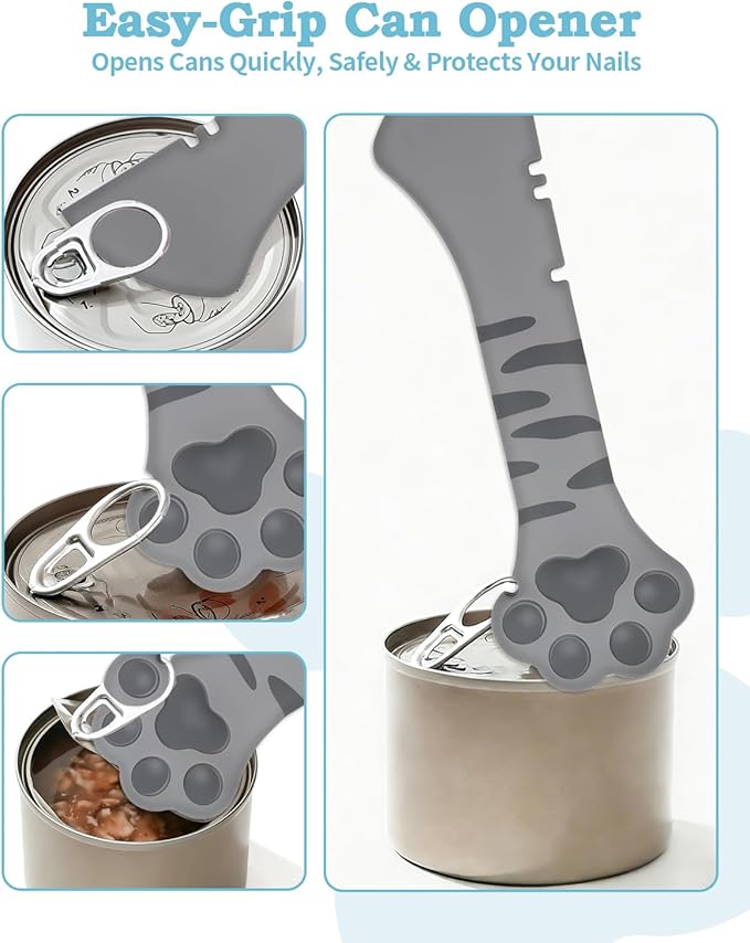6 PCS Cat Food Can Covers Set, Reusable Silicone Can Lids with Opener, Stainless Steel Wet Food Spoon & Cat Treat Squeezer for Pet Feeding and Storage, Fits Cats & Dogs (Blue)