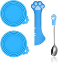 SJANE Cat Food Can Spoons & Can Lids | 4 Pcs | Colorful Multi-Function Cute Paw Shape Opener | Universal Silicone Pet Food Covers | Stainless Steel Wet Food Spatula for Kittens and Dogs(Blue)