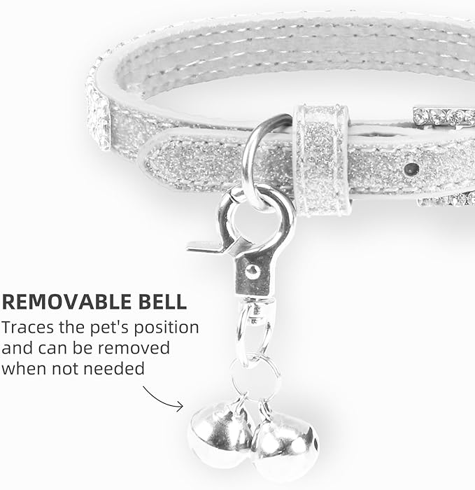 PUPTECK Basic Adjustable Cat Collar with Bling Diamond and Double Bells, for Kitten and Small Puppy, Fashion and Shining Dog Rhinestone Collars, 8-10in, Silver