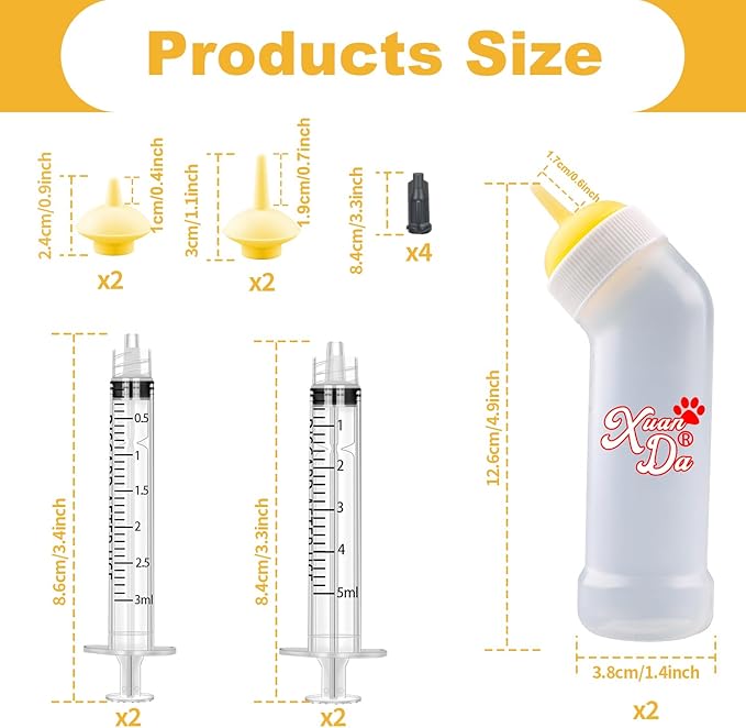 Kitten Nursing Nipple with Syringe, Wide Mouth Angled Puppy Feeding Bottles, with Ventilation Valve Resistant Tearing for Puppies, Kittens, Rabbit, Small Wildlife (M Nipple,Yellow)
