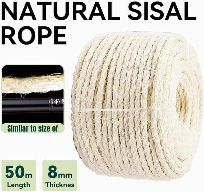 Natural Sisal Rope for Cat Scratcher Replacement, Durable Cat Tree Post Repair Cord for DIY Projects, Climbing Towers, Furniture Protection, Scratch Pad, Crafts, Garden, and Home Décor Use