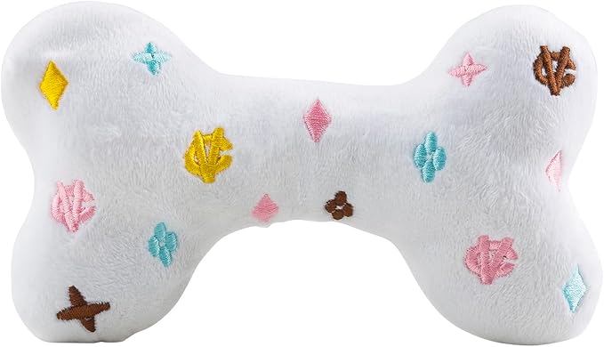 Haute Diggity Dog White Chewy Vuiton Bone, Plush Designer Dog Toys with Interactive Squeaker, Stimulating Pet Enrichment, Machine-Washable & Safe Materials for All Breeds, Size Large