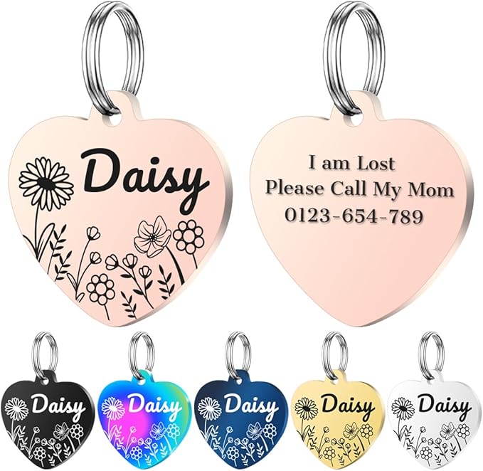 Personalized Dog Tags, Stainless Steel Pet Tags Personalized Cat, Collar Charm Engraved on Both Sides, up to 4 Lines of Custom Text, Multiple Patterns Colors Size Options (Daisy, XSmall)