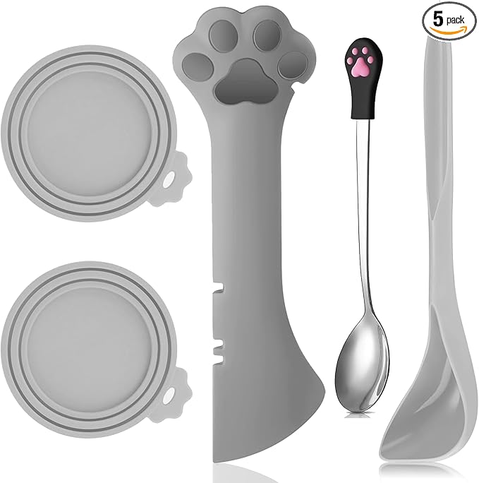 5 Pcs Pet Food Can Supplies Set Dog Cat Food Lid Cat Can Opener Cat Spoons for Wet Food (Gray)