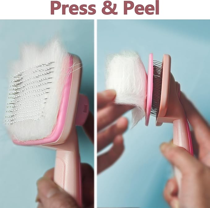 Self-Cleaning Cat Shedding Grooming Brush for Small Dog Pet Short Hair Remover Set Reusable Lint Removal Tool Carpet Scraper for Clothes Couch Bedding Furniture Car Pink