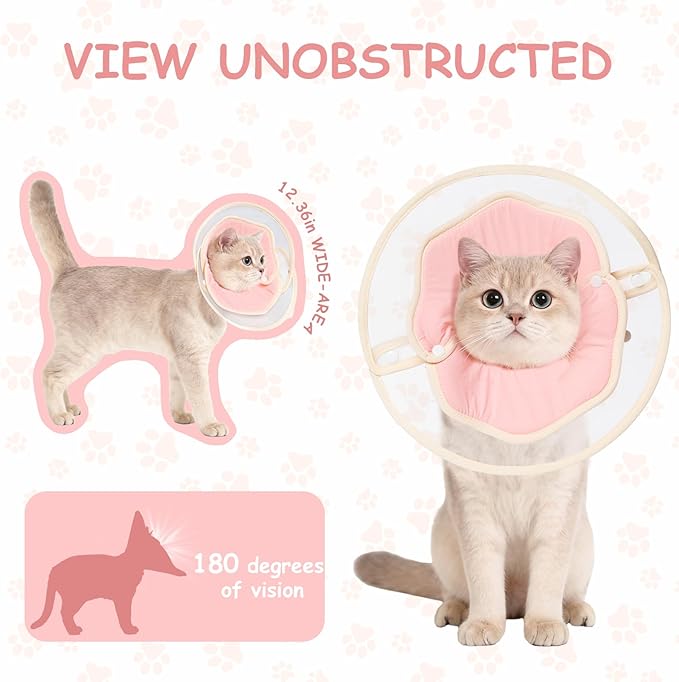 Soft Adjustable Cat Recovery Collar, Lightweight Waterproof Elizabethan Cone for Cats – Comfortable Protective Collar to Prevent Licking After Surgery, Grooming & Skin Care (Pink, M)
