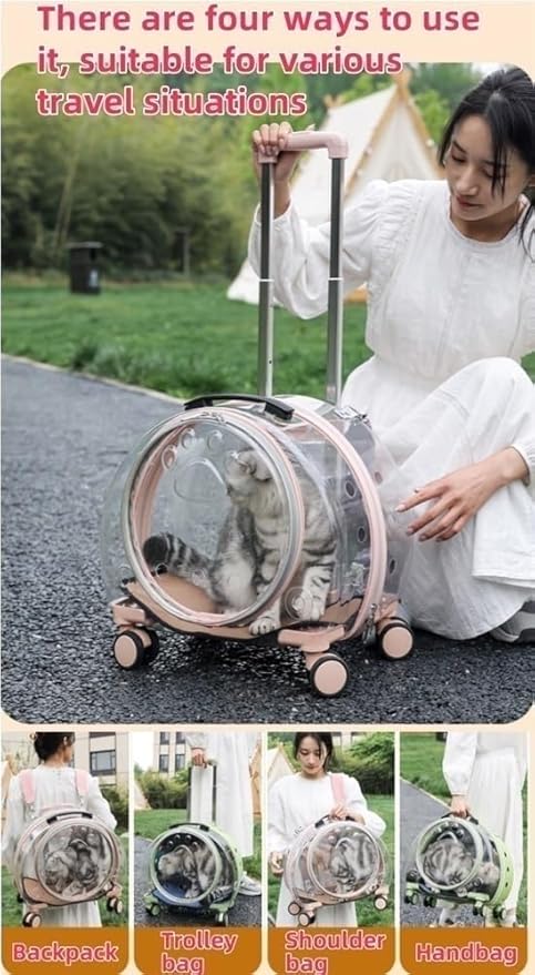 Rolling Cat Carrier, PC Materials Hard Shell Cat Carrier, Pet Carrying Case with Clear Window, Pet Carrier with Pull Rod(Dark Pink)