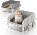 2 Pack Stainless Steel Cat Litter Box for Kitty with Lid, High Sides Metal Litter Pan for Small & Multiple Cats, Odor Control, Easy to Clean, Non-Sticky, Scoops Included