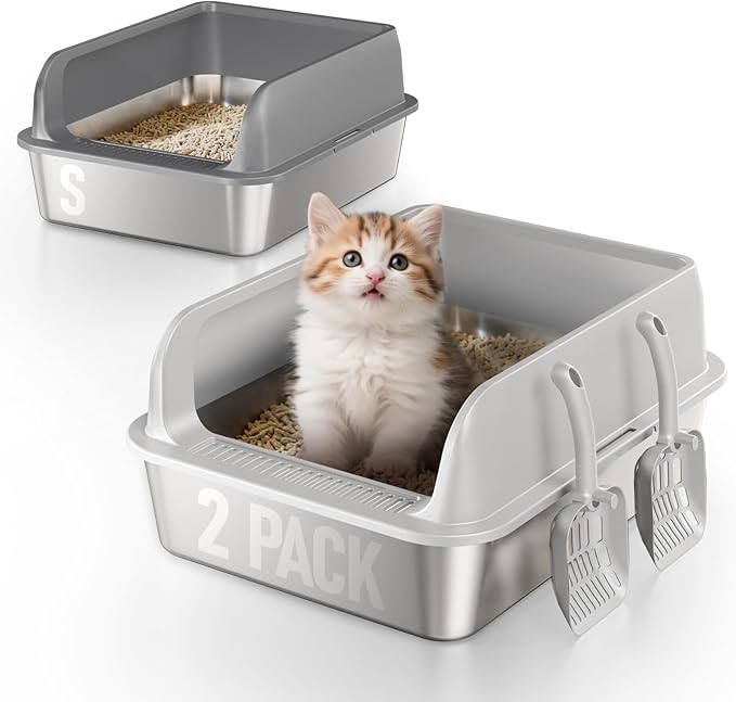 2 Pack Stainless Steel Cat Litter Box for Kitty with Lid, High Sides Metal Litter Pan for Small & Multiple Cats, Odor Control, Easy to Clean, Non-Sticky, Scoops Included