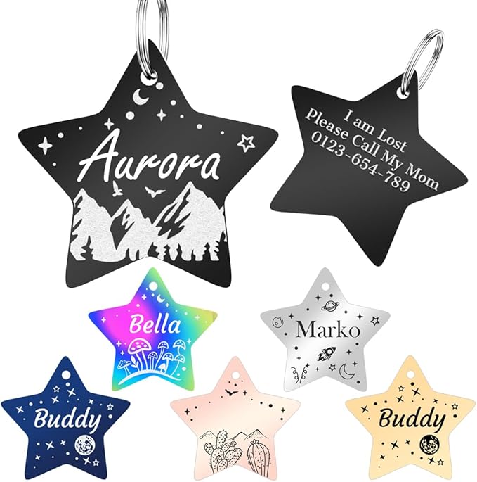 Personalized Dog Tags and Cat Tags, Stainless Steel Pet ID Tags, Collar Charm Engraved on Both Sides, up to 4 Lines of Custom Text, Various Patterns and Colors Options (Star)