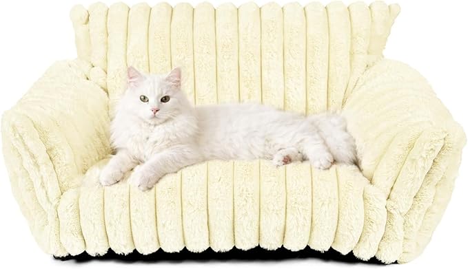 Pesonlook Cute Cat Couch for Pets - Fluffy Cat beds with Premium Soft Corduroy Fleece, Cozy Pet Sofa with Removable Washable Cover & Non-Slip Bottom, for Indoor Cats and Small Dogs, 24 Inch, Cream