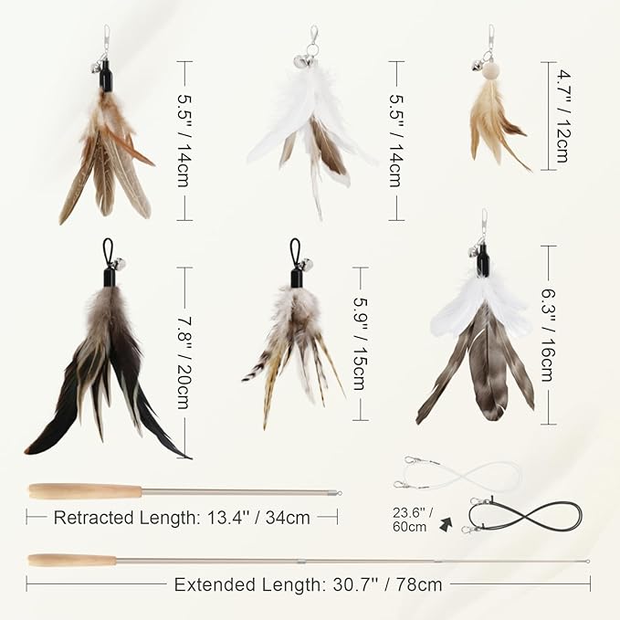 SONGWAY Interactive Cat Feather Toys - Cat Wand Toy Set with Retractable Teaser Wand and 6 PCS Natural Feather Refills, Da Bird Cat Toys for Indoor Cats Kittens