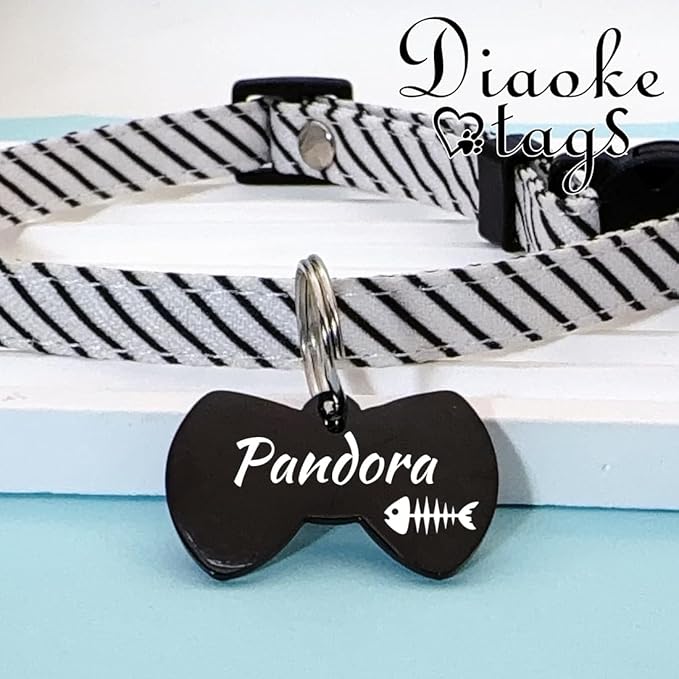 Stainless Steel Cat ID Tag Personalized Pet Tags with up to 4 Lines of Custom Text, Small Pet Mini Dog Cat Tag Lightweight, Engraved on Both Sides, Multiple Patterns Colors Size Options (Bowtie Icon)