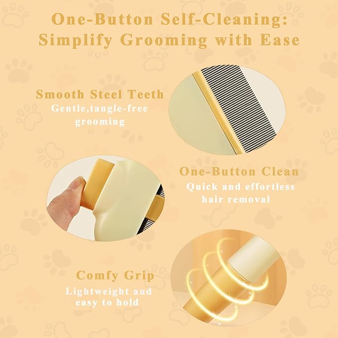 TerraKin 2-Pack Flea Comb for Cats & Dogs, One-Click Self-Cleaning Pet Grooming with Release Button, Long & Short Stainless Steel Teeth for Deshedding, Removing Fleas & Massaging,Orange