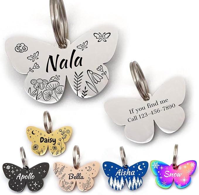 Personalized Dog Tags and Cat Tags, Stainless Steel Pet ID Tags, Collar Charm Engraved on Both Sides, up to 4 Lines of Custom Text, Various Patterns and Colors Options (Butterfly)