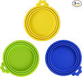 SunGrow Cat Food Can Lids, Durable and Flexible Silicone Wet Pet Food Can Covers, Universal Fit Storage Toppers, Dishwasher-friendly, Yellow, Blue, Green, 4” x 3.5”, 3 Pcs Per Pack