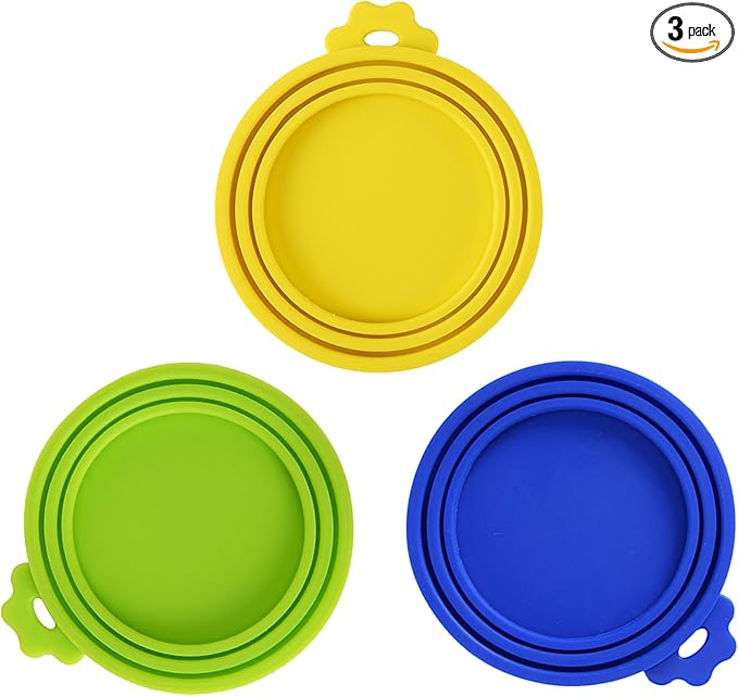 SunGrow Cat Food Can Lids, Durable and Flexible Silicone Wet Pet Food Can Covers, Universal Fit Storage Toppers, Dishwasher-friendly, Yellow, Blue, Green, 4” x 3.5”, 3 Pcs Per Pack