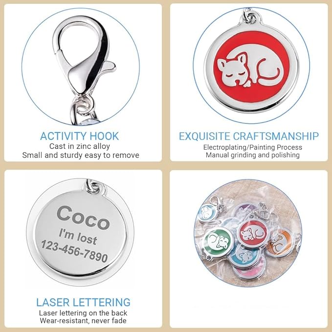 Personalized Pet ID Tags with Lobster Claw Clasp for Kittens and Cats - Small pet Tags for Cats, cat Name Tags for Collar, Custom cat id tag (Sleeping-Round-Small: Green)