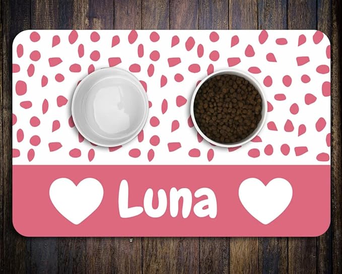 Personalized Cat Dog Bowl Mat - Non-Slip, Waterproof, Custom Pet Mat for Food and Water (Pink Love)