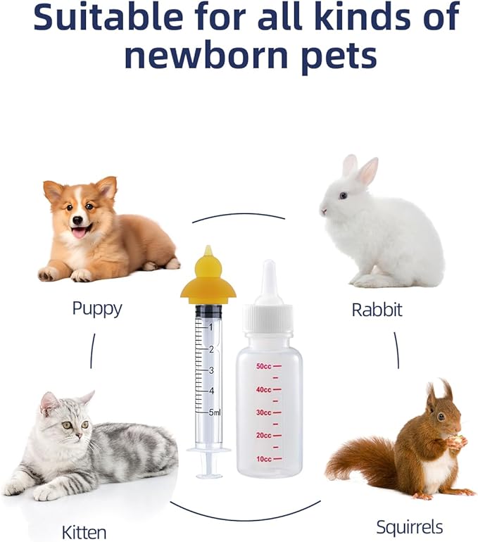 Pet Nursing Bottle, Pet Feeding Nipple, Nursing Bottle Kits for Feed Puppy & Kitten milk, with 1 * Pet Feeding Bottle, 4 * Pet Feeding Nipple, Fit for Kittens, Puppies, Rabbits, Squirrels, Hamster