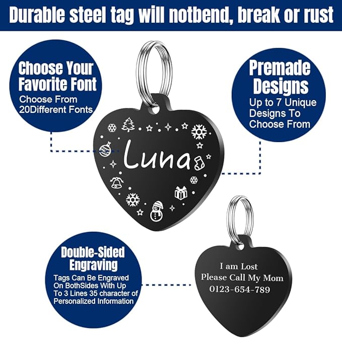 Personalized Dog Tags, Stainless Steel Pet Tags Personalized Cat, Collar Charm Engraved on Both Sides, up to 4 Lines of Custom Text, Multiple Patterns Colors Size Options (Christmas, XSmall)