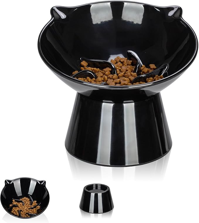 Detachable Slow Feeder Cat Bowl- Elevated Cats Feeder Tilted, 7 Inch Large Extra Wide Raised Cat Food Bowl Whisker Friendly, for Indoor Cats and Small Dogs Anti-Vomiting Black