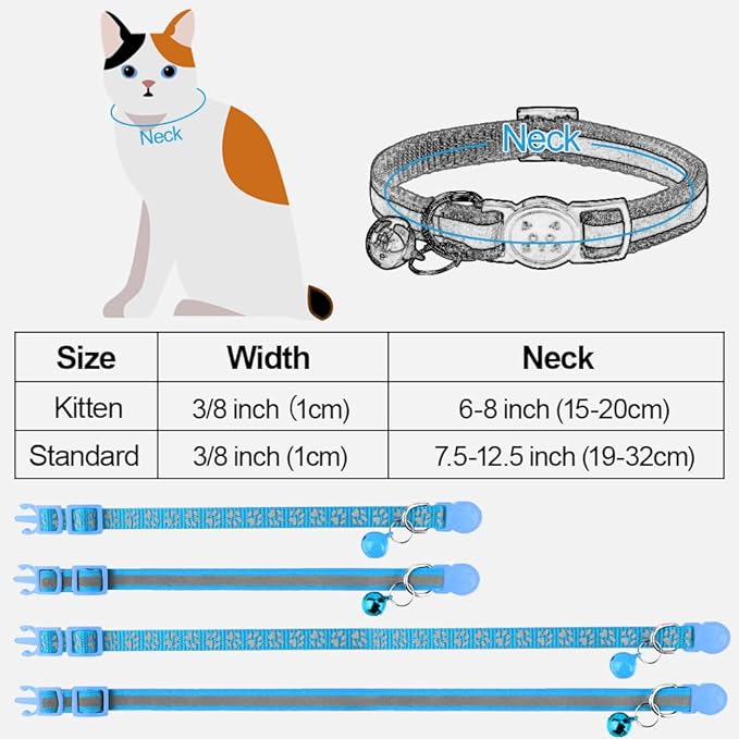 Taglory Kitten Collar Breakaway with Bell, Reflective Soft Cat Collar for Small Kittens, Adjustable 6-8 Inch High Visibility Night Strip, Lightweight for 2-6 Months Baby Cats, 2 Pack, SkyBlue