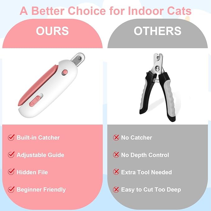 Wanheart Pink Cat Nail Clippers with Safety Guard & Nail Catcher, No Mess Cat Nail Trimmer for Cats & Kittens, Safe Pet Nail Clipper Anti-Splatter Collector, Cute Grooming Tool (Pink)