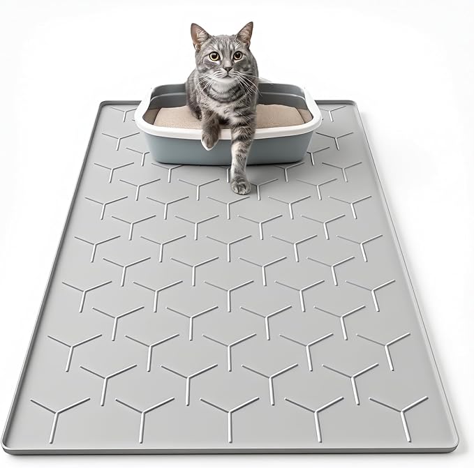Cat Mat for Litter Box, Large 34" X 22" Cat Litter Mat, Waterproof Silicone Pad for Floor, Gray