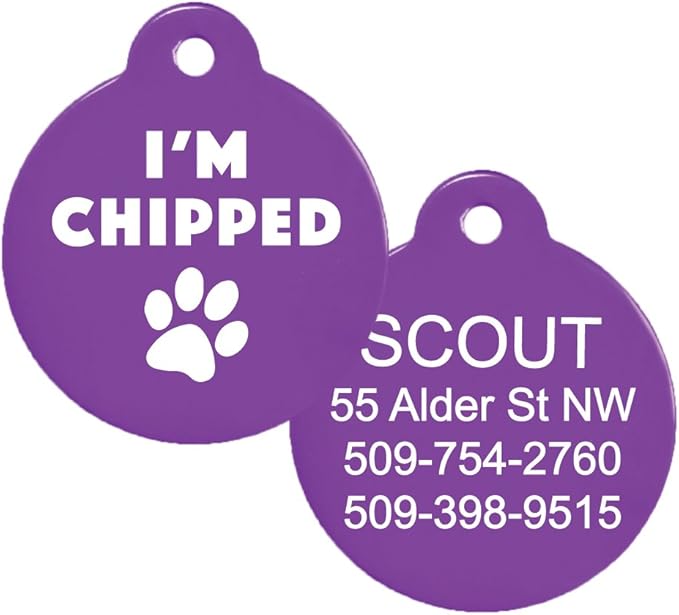 GoTags Funny Dog and Cat Tags Personalized with 4 Lines of Custom Engraved Text, Dog and Cat Collar ID Tags Come with Glow in The Dark Silencer to Protect Tag and Engraving, (I Am Chipped)