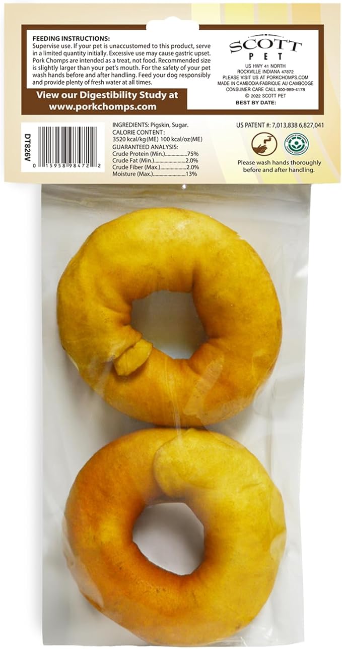 Pork Chomps Roasted Pork Skin Dog Chews, 3 Inch Donuts, Real Chicken, 2 Count, Pack of 2 - Long-Lasting Treats for Dogs - High Protein, Rawhide-Free, Low Fat, Healthy & Delicious Chews