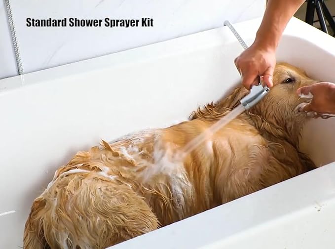 Dog Shower Attachment Kit with Handheld Sprayer – 8FT Flexible Stainless Steel Hose + Shower Arm Diverter – High Pressure Pet Bath Wand for Medium & Large Dogs, Long Thick Coat, Indoor All-Year Use