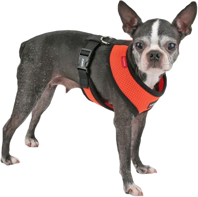 Puppia Soft Dog Harness No Choke Over-The-Head Triple Layered Breathable Mesh Adjustable Chest Belt and Quick-Release Buckle, Orange, Large