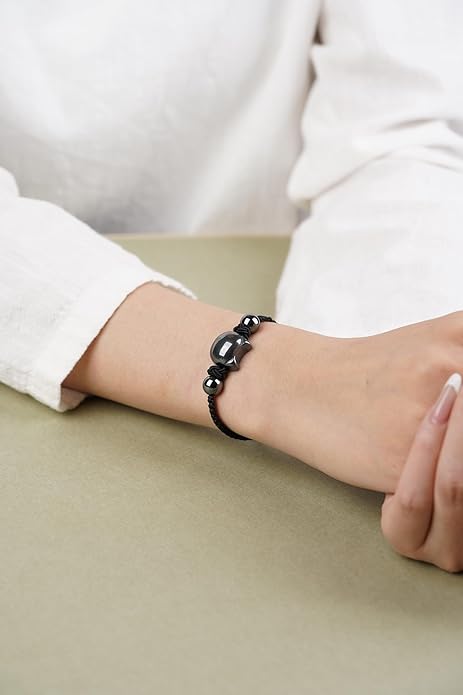 Black Obsidian Cat Bracelet and Moon Pendant Necklace Jewelry Set-Cat Lover Gifts,Wealth Attraction,Good Luck,Bead Bracelet,Mindfulness,Beaded Bracelets, Obsidian Pendant Necklace-Cute Gifts for Women