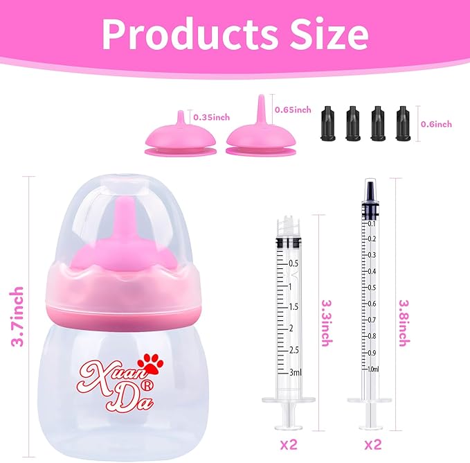 Pet Feeding Bottle and Syringes,60ml Nursing Bottle, 3 Sizes Nipples with Ventilation Valve Resistant Tearing Perfect for Puppies, Kittens, Small Wildlife (Pink)