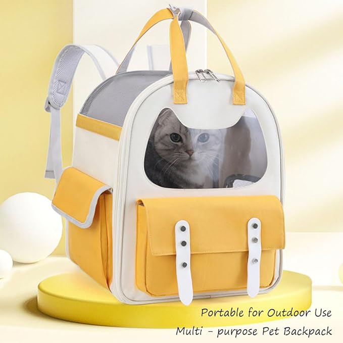 Pet Backpack, Canvas Transparent Cat Travel Backpacks, Breathable Multi-Purpose Small Dog Travel Bag with Handles, Suitable for Camping and Outdoor Activities (Yellow)