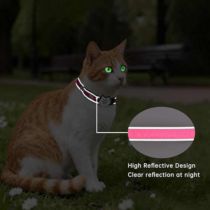 Cat Collar with Bells Reflective Cat Collars Breakaway with Oxford Cloth Soft Padding Adjustable Kitten Collar with QR Code（Hotpink）