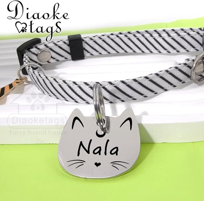 Stainless Steel Cat ID Tag Personalized Pet Tags with up to 4 Lines of Custom Text, Small Pet Mini Dog Cat Tag Lightweight, Engraved on Both Sides, Multiple Patterns Colors Size Options (cat)