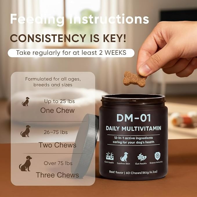 DM-01 Daily Multivitamin, Multivitamin Itch Relief Chews for Dog, with Folic Acid, Salmon Oil, Chondroitin & Natural Vitamins, Skin and Coat Healthy, Digestive & Boost Immunity, 60 Chew (Beef)