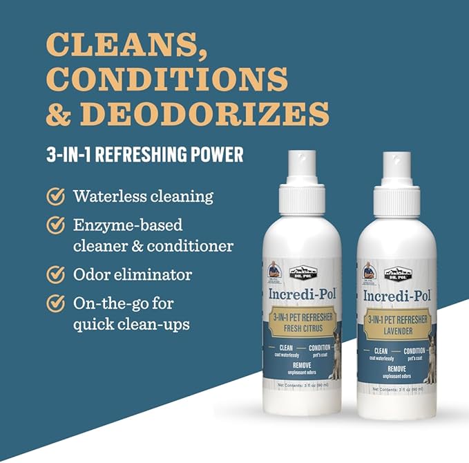 Dr. Pol Incredi-Pol 3-in-1 Pet Refresher | Waterless Coat Cleaner & Conditioner | Pet Odor Eliminator | Fine Mist Spray for Dogs & Cats | Freshens, Cleans & Softens Fur | 3 oz | Lavender