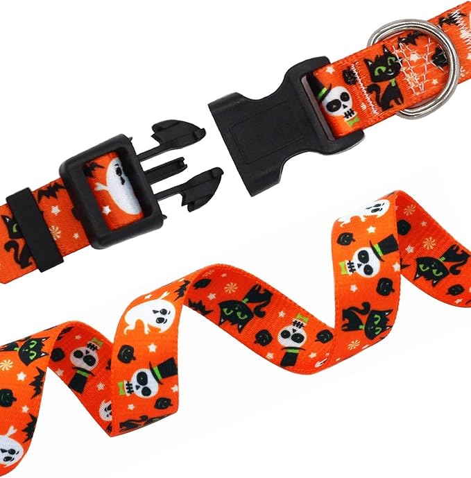 Halloween Dog Collar and Leash Set - Pumpkin Bat Ghost Pattern - Adjustable for Small Medium Large Dogs(Halloween Set,S)