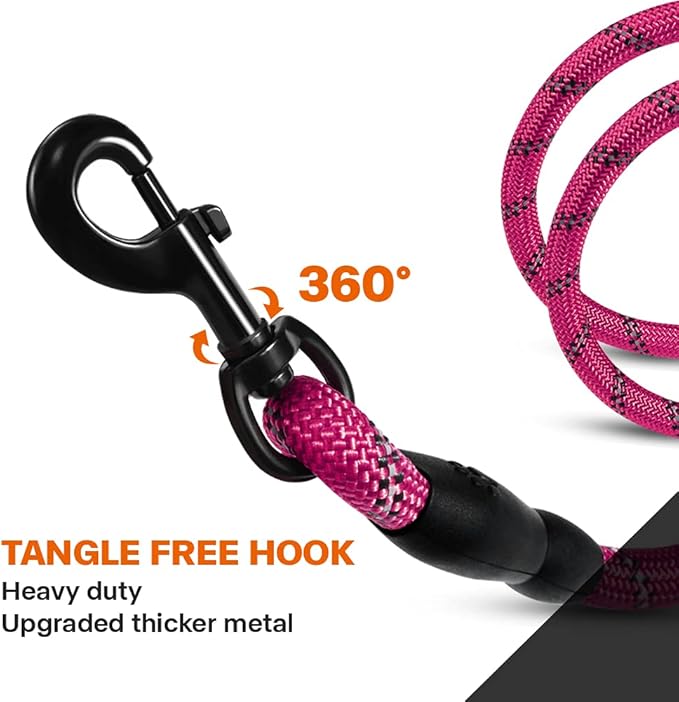 Taglory Rope Dog Leash 4 FT with Comfortable Padded Handle, Highly Reflective Threads Leash and Anti-Tangle Clip for Walking Medium Large Dogs, 1/2 inch, Hotpink